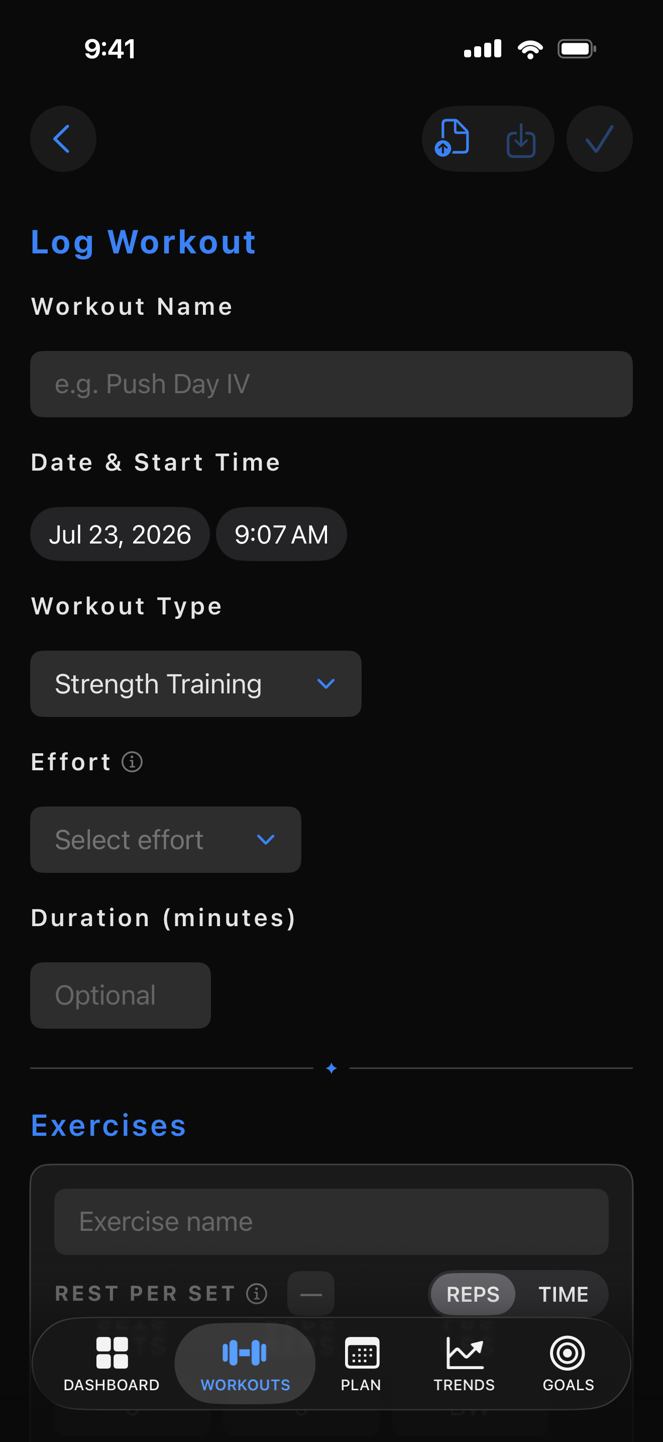 Log Workout screen