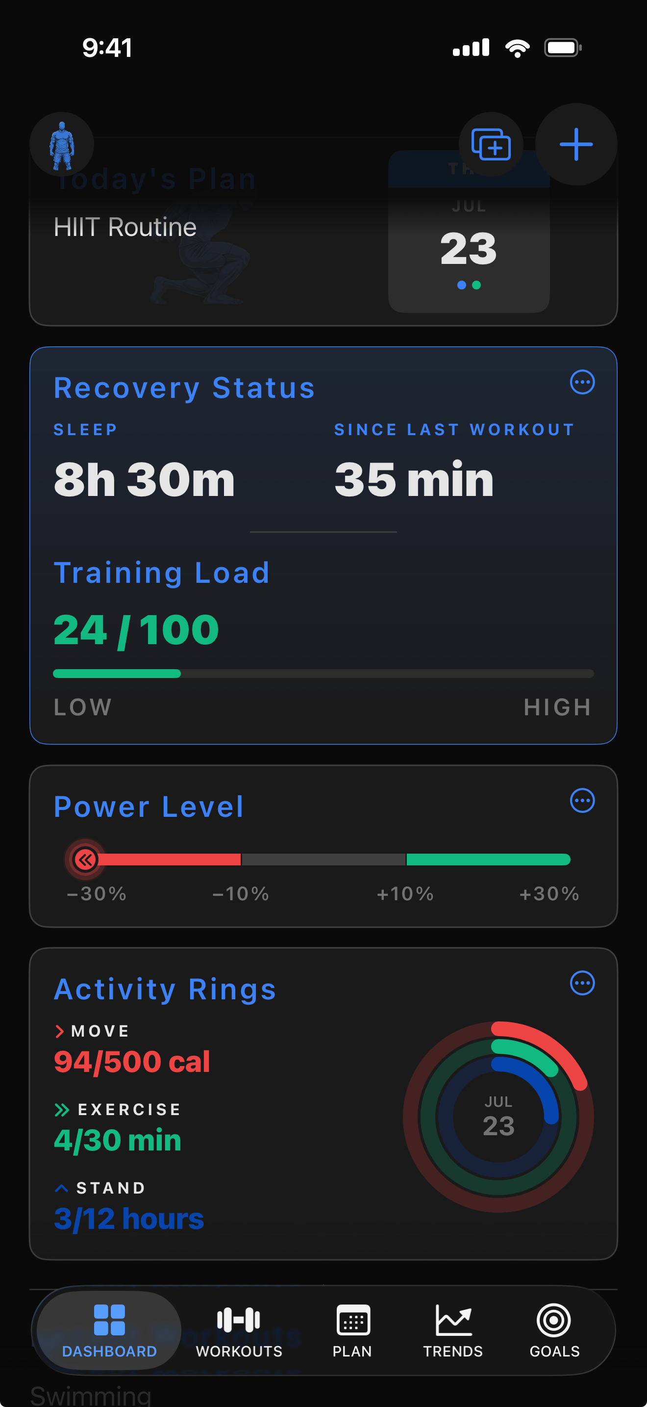 Linked Recovery Status and Training Load widgets