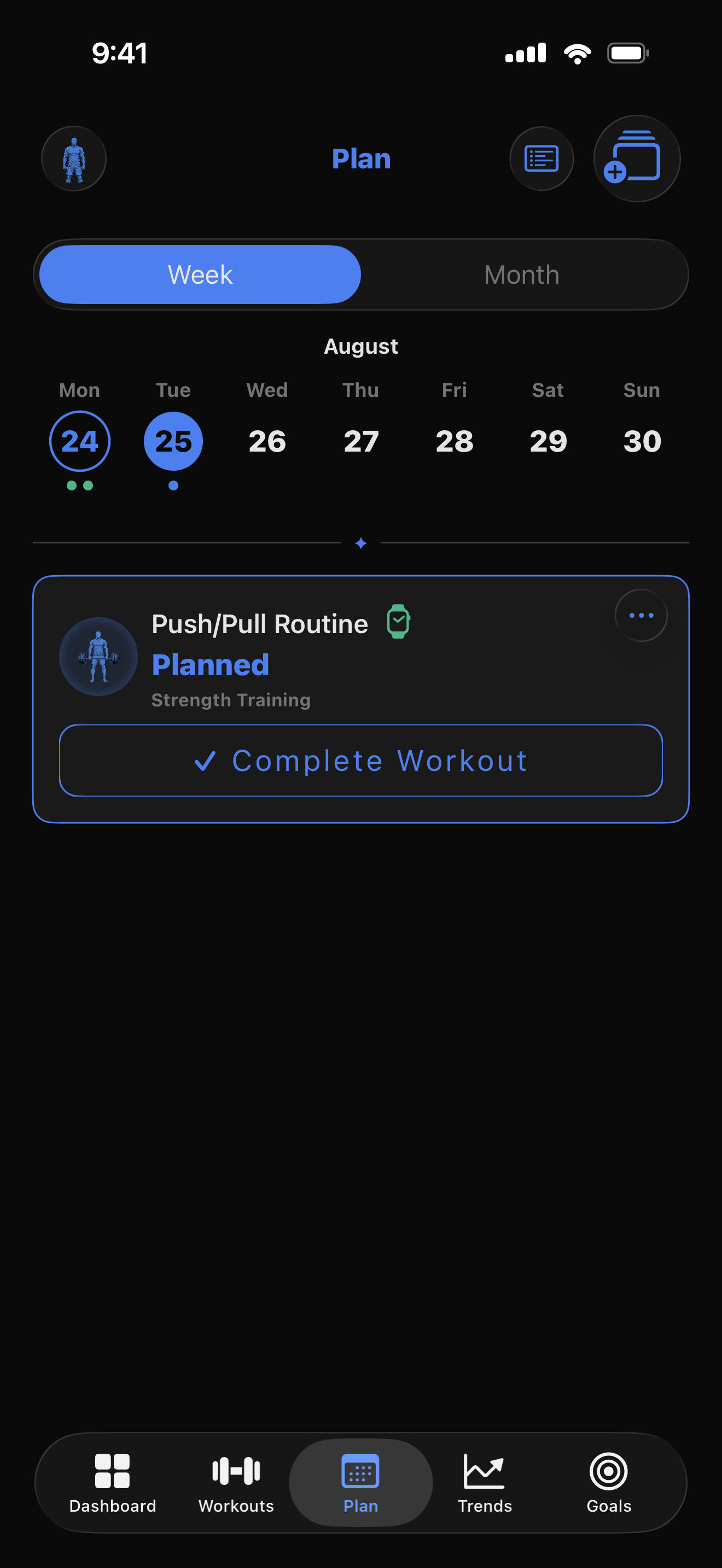 Plan calendar week view with a scheduled Push/Pull Routine workout
