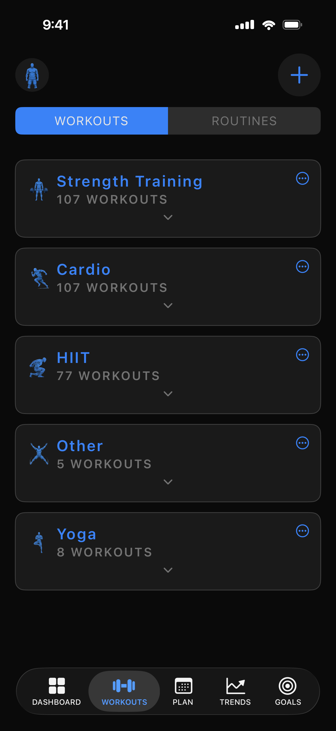 Workouts list organized by type